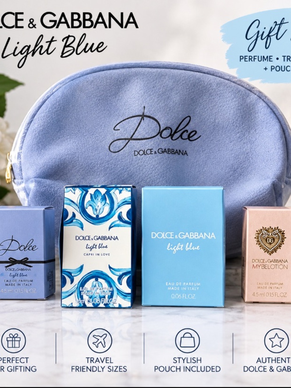 Dolce & Gabbana Light Blue Velvet Cosmetic Pouch with Logo